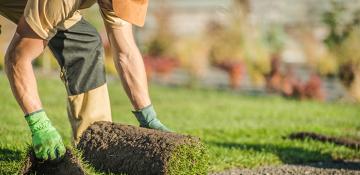 Image shows a person laying down turf, unrolling the green grass, with a field out of focus in the background. The person is wearing gardening cloves and a working clothes with a cap to keep the sun off.