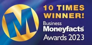 Image shows gold and white text on a blue background. Text reads "10 times winner! Business Moneyfacts Awards 2023" with an 'M' logo, used by moneyfacts to the left of the text