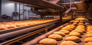 Image shows a production line of baked goods, under yellow lighting. The baked goods are lined up and surrounded by industrial baking machinery, stainless steel.